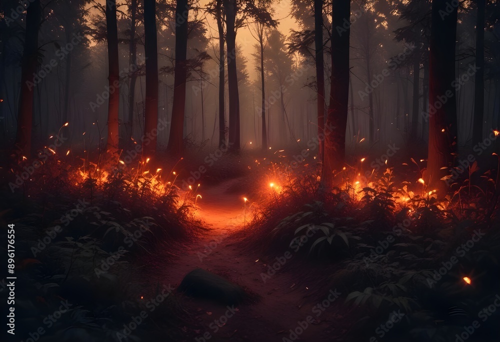 A firefly lighting up the dark underbrush of an enchanted elven fairy tale fantasy forest at night. A firefly lighting up the dark underbrush of an enchanted elven fairy tale fantasy forest at night.