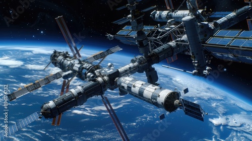Fototapeta Naklejka Na Ścianę i Meble -  A next-generation space station orbiting the Earth, serving as a hub for scientific research and international collaboration in space exploration.