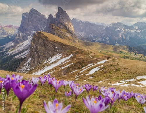 The Dolomites Alps. Beautiful mountain scenery of hills covered with crocus flowers