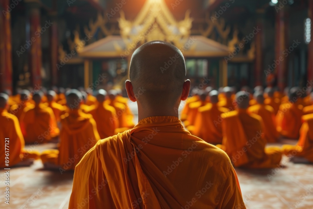 back view group of Buddhist monks in orange robes meditating in monastery back view group of Buddhist monks in orange robes meditating in monastery