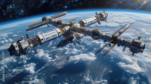 Fototapeta Naklejka Na Ścianę i Meble -  A next-generation space station orbiting the Earth, serving as a hub for scientific research and international collaboration in space exploration.