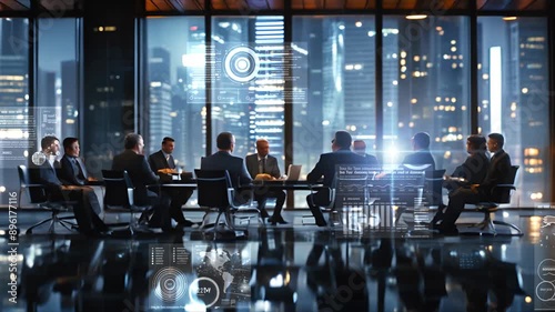 Business finance big data analytics, group of people brainstorm discussing meeting marketing plan, company information big data, earning graph chart company valuation calculation global world map