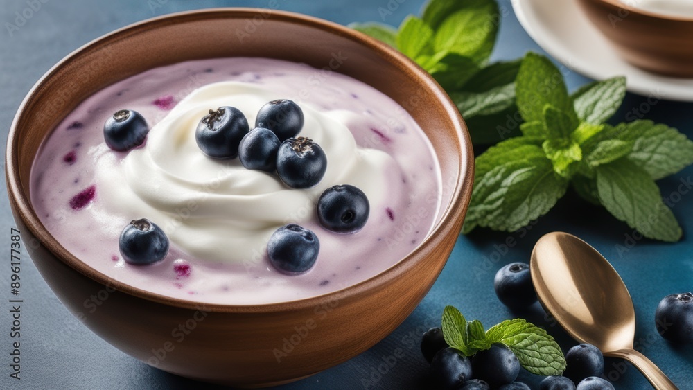A bowl of yogurt topped with blueberries served with another bowl and spoon surrounded by fresh mint and berries. A bowl of yogurt topped with blueberries served with another bowl and spoon surrounded by fresh mint and berries.