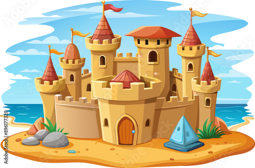 Sand castle cartoon drawing. Composition with beautiful sandy tower on the sea shore