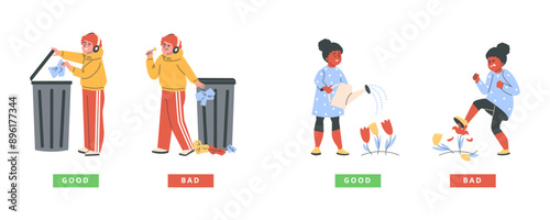 Set of teenage characters showing right and wrong actions on isolated background.