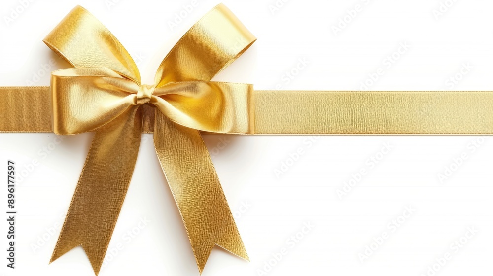 A gold ribbon bow is shown on a white background A gold ribbon bow is shown on a white background