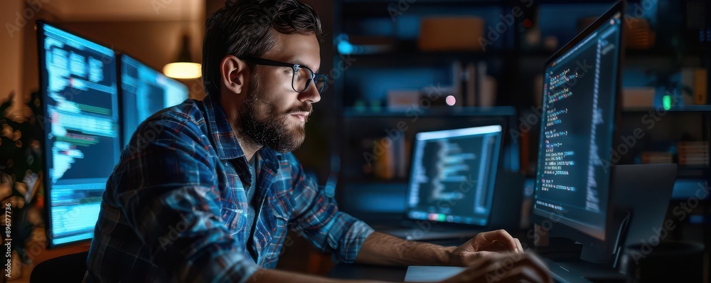 Focused programmer working late at night, coding on multiple monitors. Focused programmer working late at night, coding on multiple monitors.