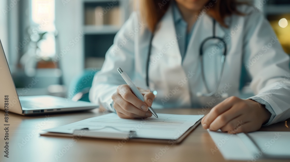 A doctor wearing a white coat and stethoscope is writing on a clipboard with a pen, with a laptop on the desk in a medical office setting. A doctor wearing a white coat and stethoscope is writing on a clipboard with a pen, with a laptop on the desk in a medical office setting.