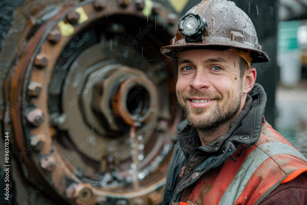 A worker in a protective helmet and dirty overalls smiles against the background of an iron pipe in production. Construction of the metro. Working professions A worker in a protective helmet and dirty overalls smiles against the background of an iron pipe in production. Construction of the metro. Working professions