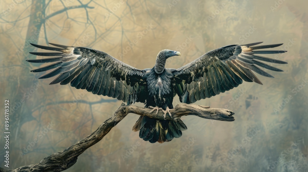 Obraz premium Black Vulture with Spread Wings on a Branch