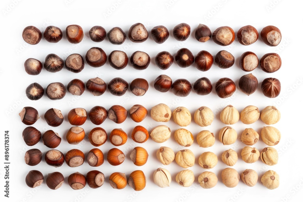 Assorted hazelnuts collection arranged on white background. Nut variety suitable for culinary or snack Assorted hazelnuts collection arranged on white background. Nut variety suitable for culinary or snack