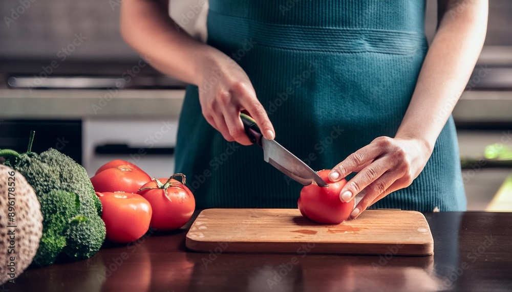 A woman cutting a red tomato with a knife in the kitchen A woman cutting a red tomato with a knife in the kitchen
