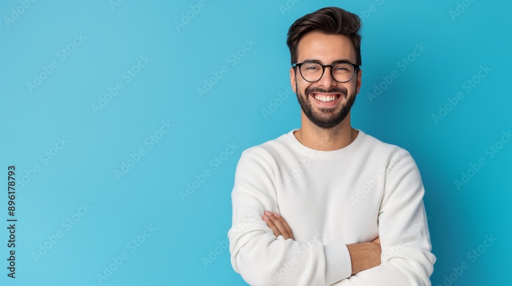 A man with glasses is smiling and posing for a picture. He is wearing a white shirt and has his arms crossed. The image has a cheerful and friendly mood A man with glasses is smiling and posing for a picture. He is wearing a white shirt and has his arms crossed. The image has a cheerful and friendly mood