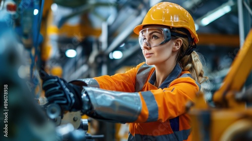 Female engineer wearing safety gear operating machinery in an industrial manufacturing plant.