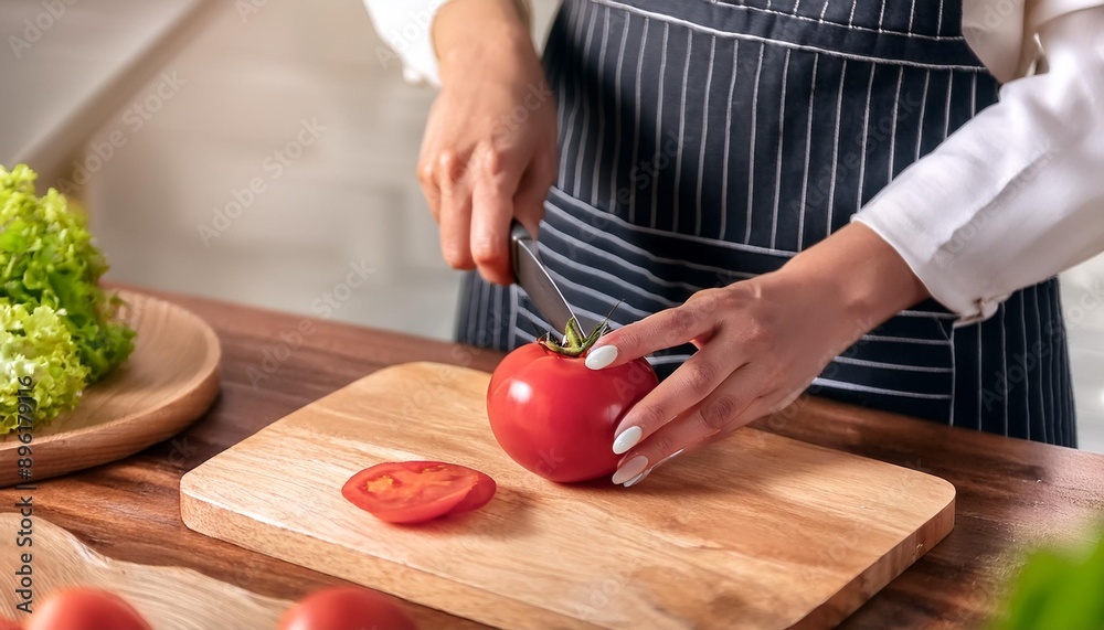 A woman cutting a red tomato with a knife in the kitchen A woman cutting a red tomato with a knife in the kitchen
