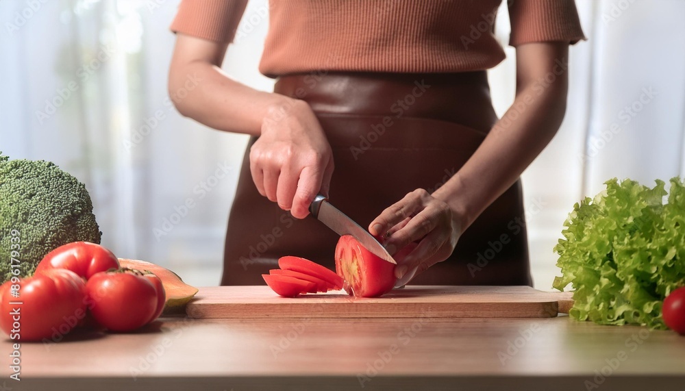 A woman cutting a red tomato with a knife in the kitchen A woman cutting a red tomato with a knife in the kitchen