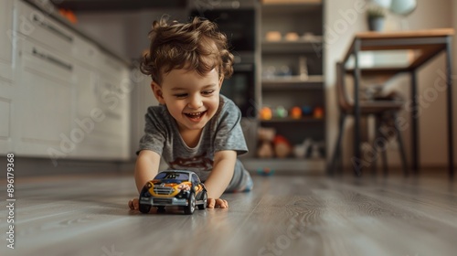 A happy boy in a gray shirt is pushing a toy car across the floor, making it zoom with a look of joy and concentration. The soft gray background provides a calm and focused environment for his play