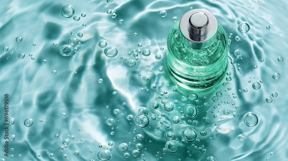 A glass green bottle with a pipette with serum stands on the surface of blue water