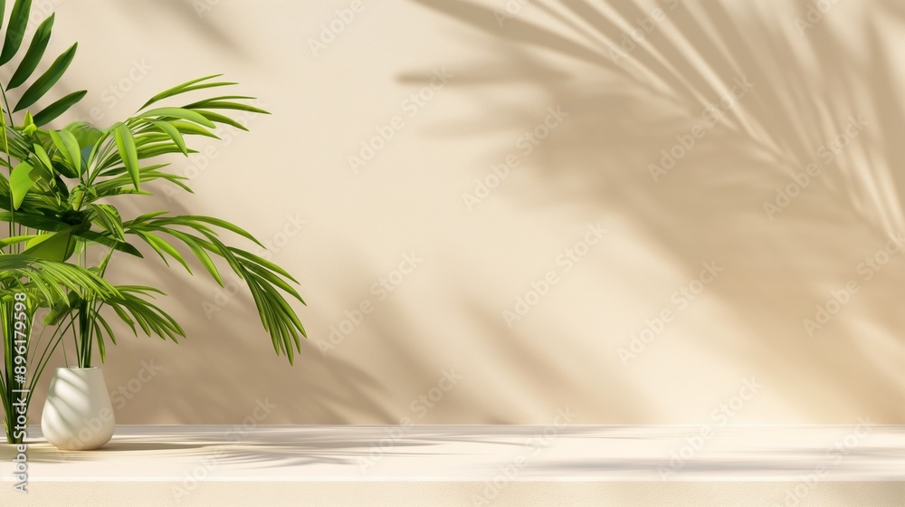 A plant is sitting on a ledge next to a wall. The plant is a palm tree and the wall is white A plant is sitting on a ledge next to a wall. The plant is a palm tree and the wall is white