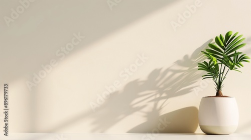 A white vase with a plant in it sits on a table in front of a wall. The plant casts a shadow on the wall, creating a sense of depth and dimension