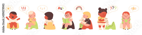Cute baby boys and girls sitting on the potty vector set, cartoon upset and smile toddler learning to use potty, hygiene