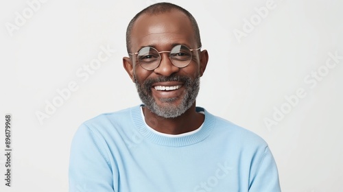 A man with glasses is smiling and wearing a blue sweater. Concept of warmth and happiness, as the man is enjoying himself