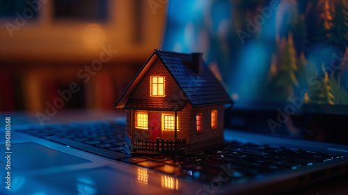 Real Estate. Selling Houses Online. Miniature House on Laptop Keyboard. Dark Room