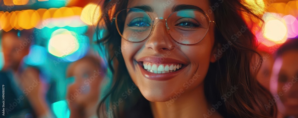 Smiling woman in eyeglasses with colorful lights in background. Smiling woman in eyeglasses with colorful lights in background.