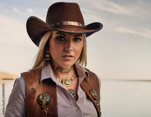 Woman cowboy wearing hat porttrait shot in steampunk style photo