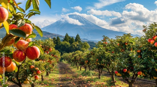 A picturesque view of fruit-laden trees ready for harvest, with the beautiful Mount Fuji providing a scenic backdrop. photo