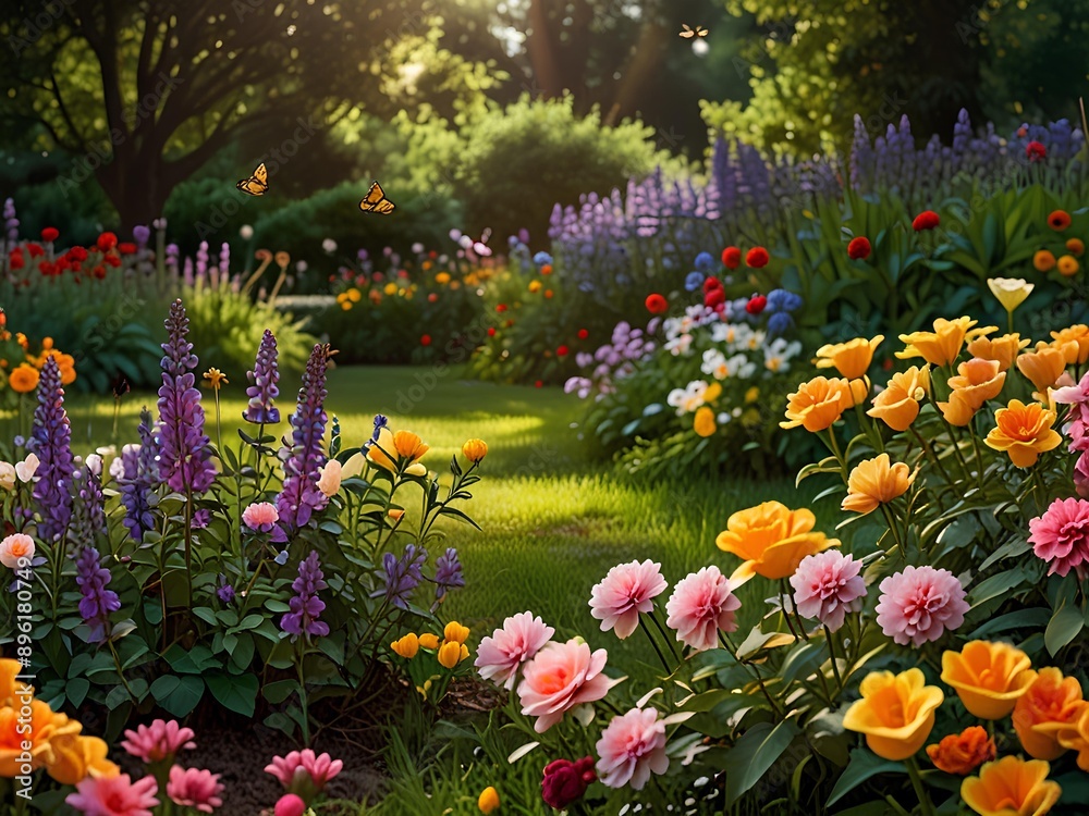 Fototapeta premium Colorful flowers and butterflies in a serene garden setting.
