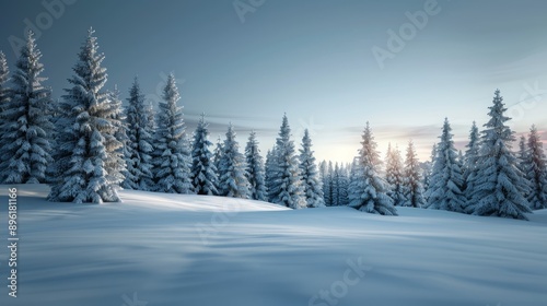 A snowy field with a large number of pine trees
