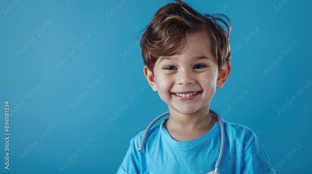 A smiling boy in a blue shirt is pretending to be a doctor, wearing a stethoscope around his neck and examining his toy. The cool blue background enhances his playful and confident demeanor A smiling boy in a blue shirt is pretending to be a doctor, wearing a stethoscope around his neck and examining his toy. The cool blue background enhances his playful and confident demeanor