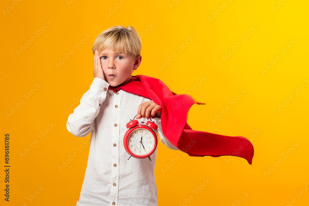 Surprised child girl plays superhero and holds alarm clock over yellow background. Education and success concept. Surprised child girl plays superhero and holds alarm clock over yellow background. Education and success concept.