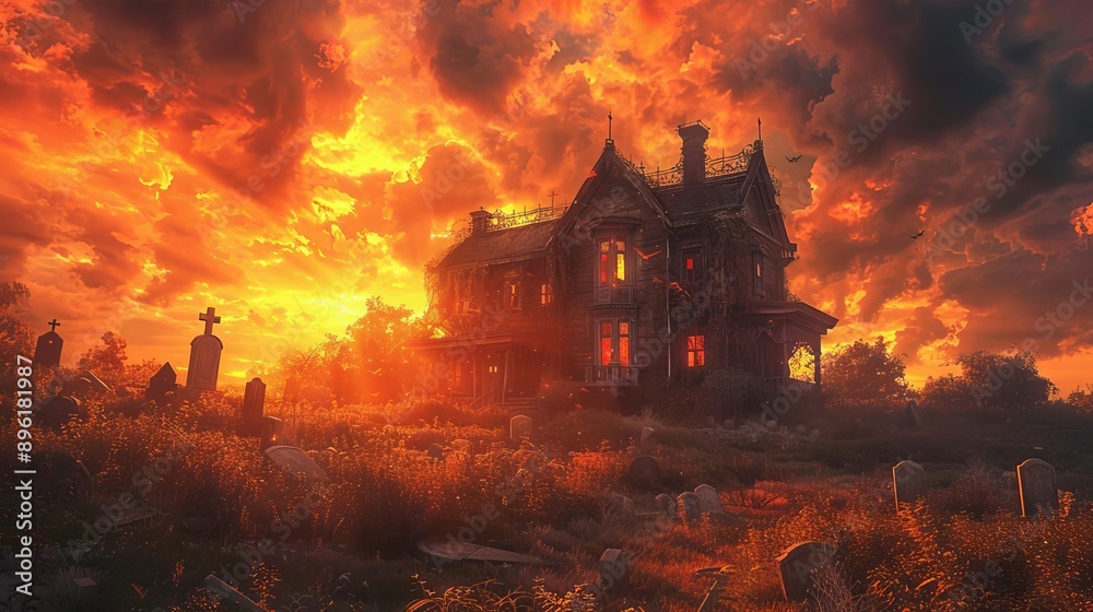 Haunted house on a hill with broken windows and creaky wooden doors, surrounded by overgrown weeds and a graveyard, bathed in the glow of an ominous orange sky Haunted house on a hill with broken windows and creaky wooden doors, surrounded by overgrown weeds and a graveyard, bathed in the glow of an ominous orange sky