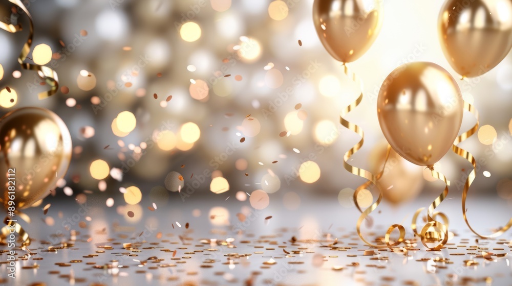 A gold and white background with a bunch of gold balloons and confetti A gold and white background with a bunch of gold balloons and confetti