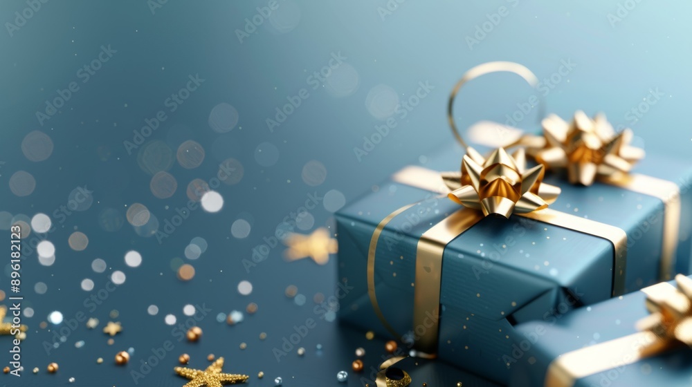 A blue box with gold bows sits on a table with a starry background A blue box with gold bows sits on a table with a starry background