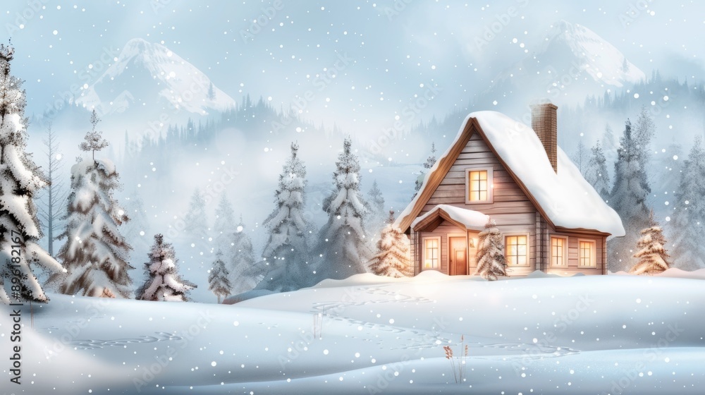 A cozy cabin in the woods with a snow-covered landscape A cozy cabin in the woods with a snow-covered landscape