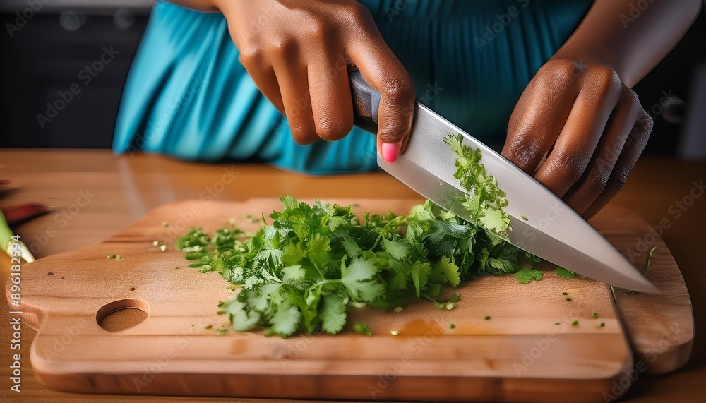 A woman cutting Coriander with a knife in the kitchen to edit photos for retouch A woman cutting Coriander with a knife in the kitchen to edit photos for retouch