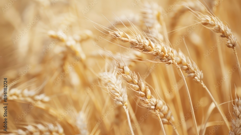 Close-up of golden wheat ears illuminated by sunlight in a field, showcasing the rich texture and color. Harvest and agriculture concept. Close-up of golden wheat ears illuminated by sunlight in a field, showcasing the rich texture and color. Harvest and agriculture concept.
