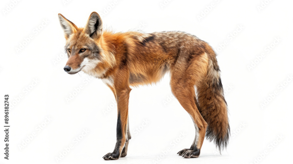Side view of a maned wolf with its distinctive long legs and reddish fur on a white background Side view of a maned wolf with its distinctive long legs and reddish fur on a white background