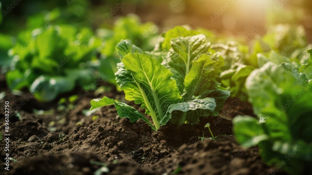 Close-up of young vegetable plants growing in rows in a field, with sunlight shining on the fresh green leaves. Sustainable farming concept. Close-up of young vegetable plants growing in rows in a field, with sunlight shining on the fresh green leaves. Sustainable farming concept.
