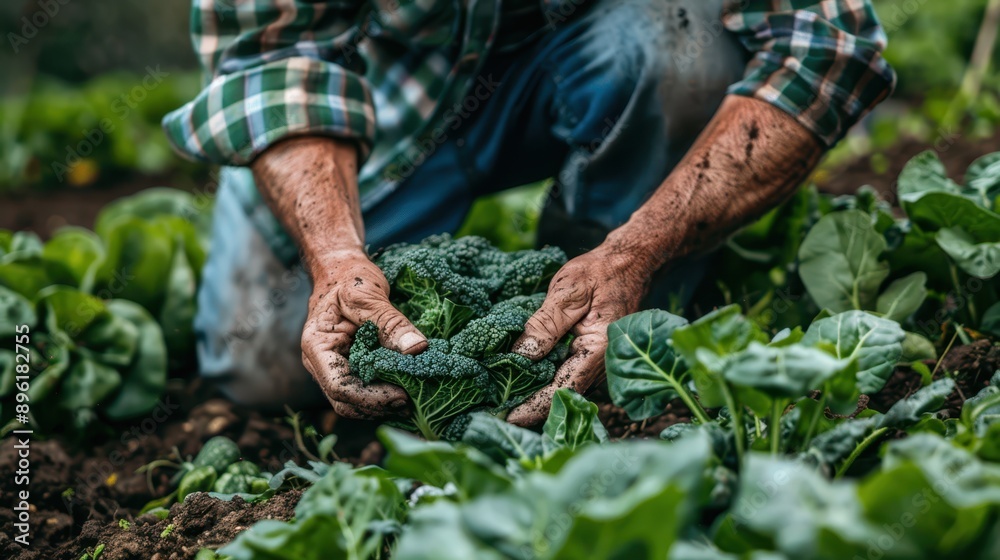 Close-up of a farmer's hands planting a small vegetable seedling in the soil, surrounded by green leafy plants. Sustainable farming concept. Close-up of a farmer's hands planting a small vegetable seedling in the soil, surrounded by green leafy plants. Sustainable farming concept.