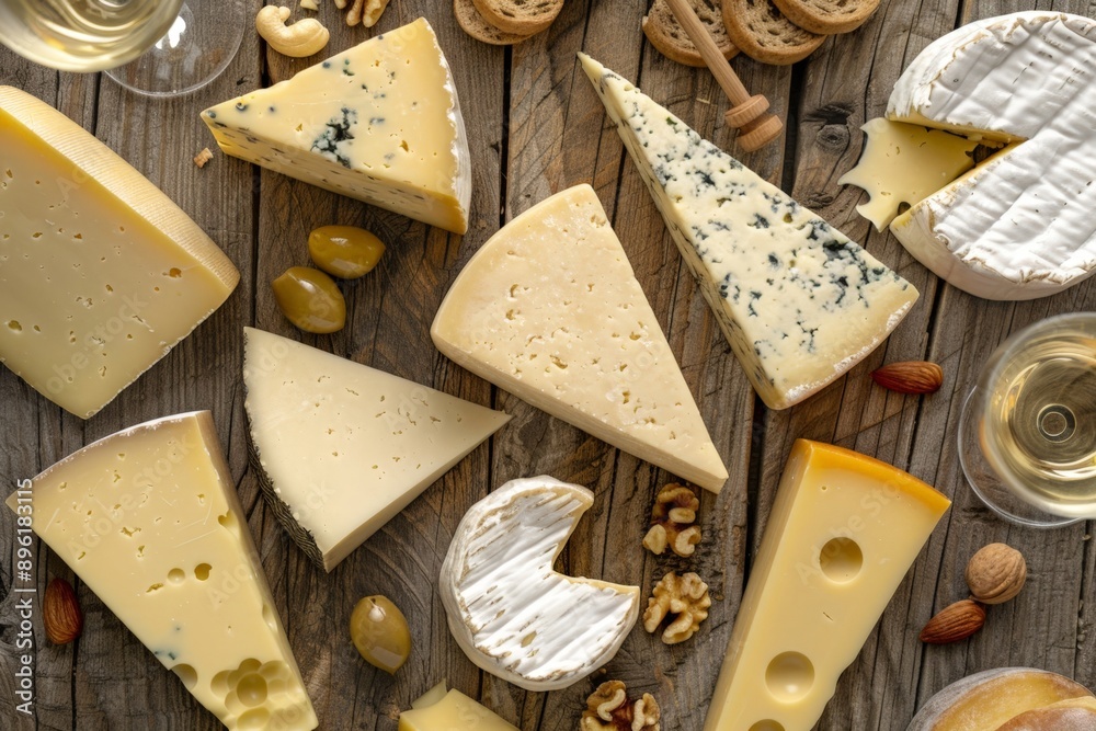 Assorted Cheese Platter on Rustic Wooden Table with Nuts and White Wine