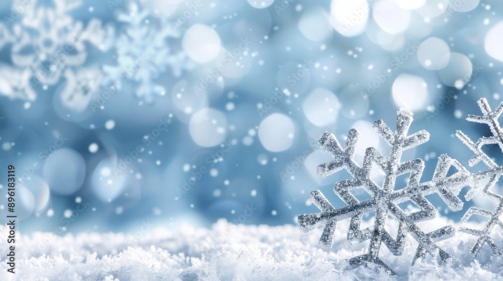 A snowflake sits on top of a snowy field A snowflake sits on top of a snowy field