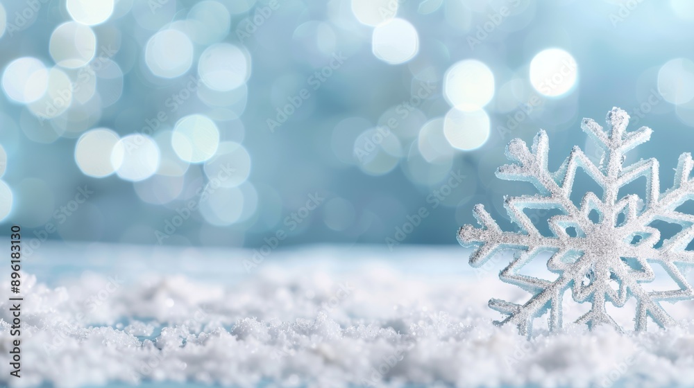 A snowflake sits on a snowy ground A snowflake sits on a snowy ground