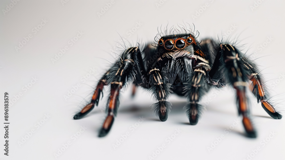 Jumping spider in focus with detailed features and a white background Jumping spider in focus with detailed features and a white background