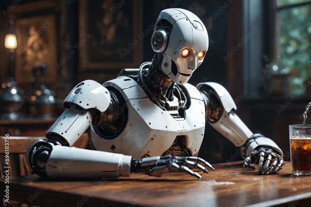 Fototapeta premium Humanoid robot with glowing eyes seated at a wooden table