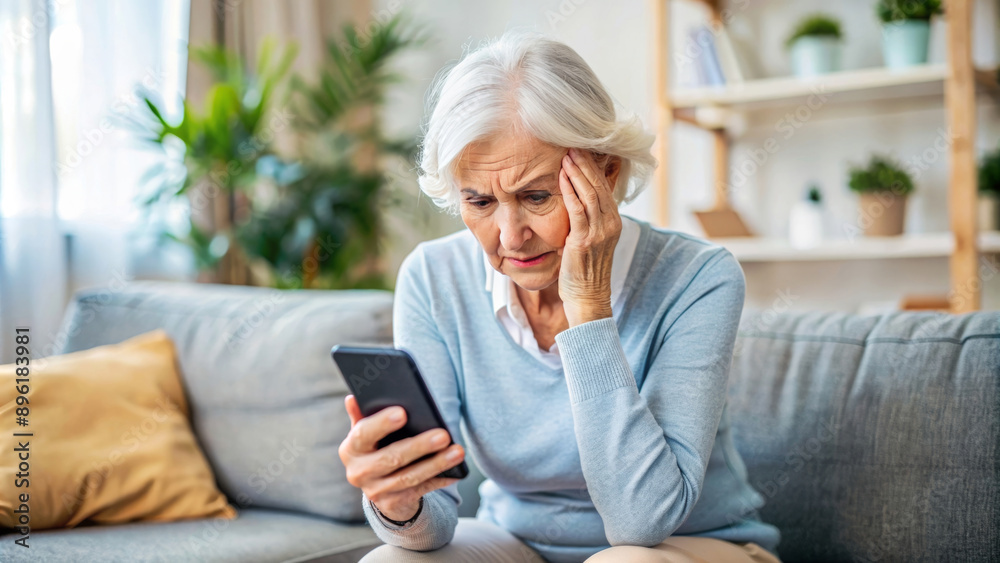Nervous confused elderly senior woman stressed worried with smartphone. Frustrated lady having problem with paying, buying online and payments. Internet fraud or scams