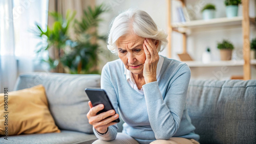Obraz na płótnie Nervous confused elderly senior woman stressed worried with smartphone. Frustrated lady having problem with paying, buying online and payments. Internet fraud or scams w salonie